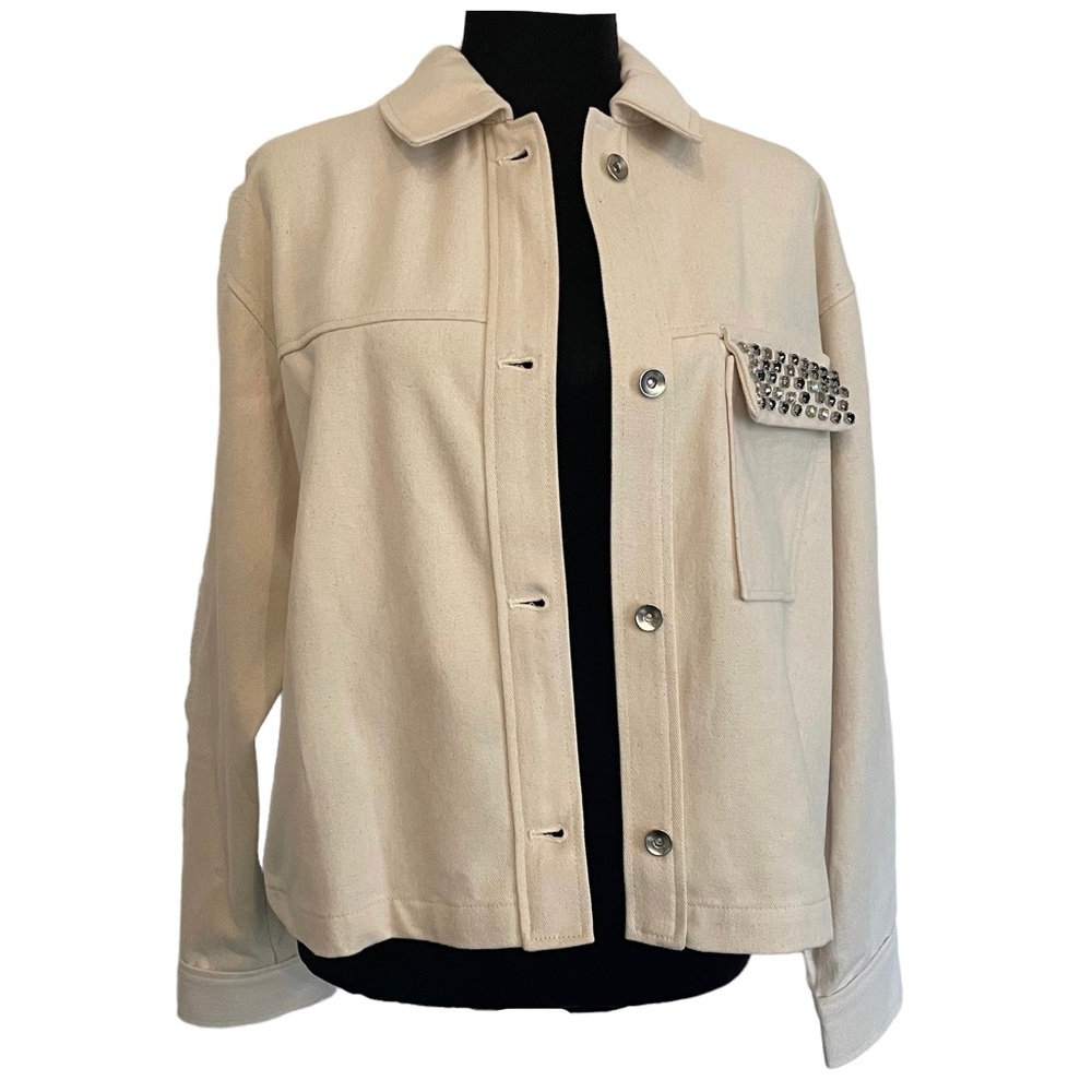 NWT Zara Beaded Pocket Cotton Jacket Rhinestones Sz L